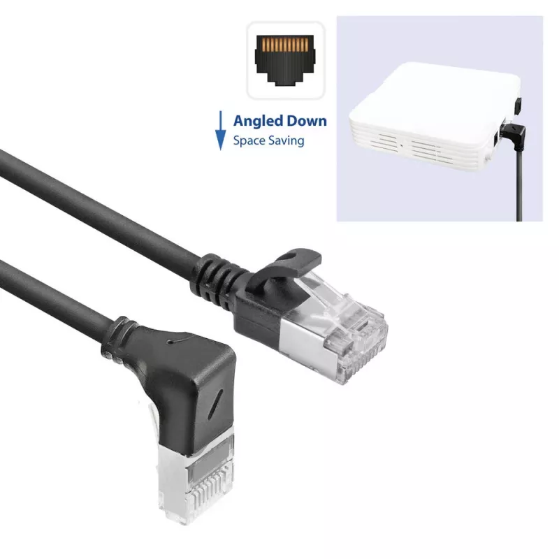 ACT čierny 5 m U/FTP CAT6A LSZH Slimline patch kábel s RJ45 konektormi 90° zahnutý (nadol) na rovný