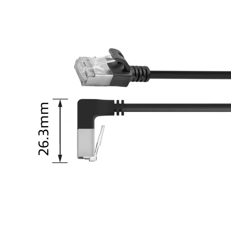 ACT čierny 5 m U/FTP CAT6A LSZH Slimline patch kábel s RJ45 konektormi 90° zahnutý (nadol) na rovný