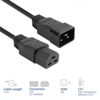 Napájací kábel ACT C20–C21 IEC60320 čierny 2,5 m, 16 A, 250 V
