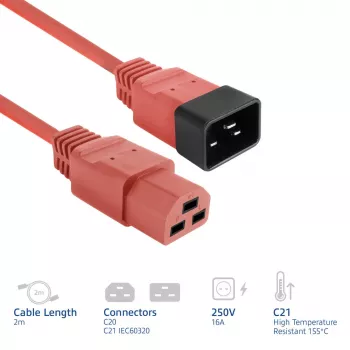 ACT napájací kábel C20–C21 IEC60320 červený 2 m, 16 A 250 V