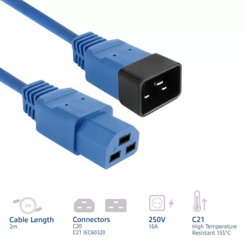 Napájací kábel ACT C20–C21 IEC60320 modrý 2 m, 16 A, 250 V