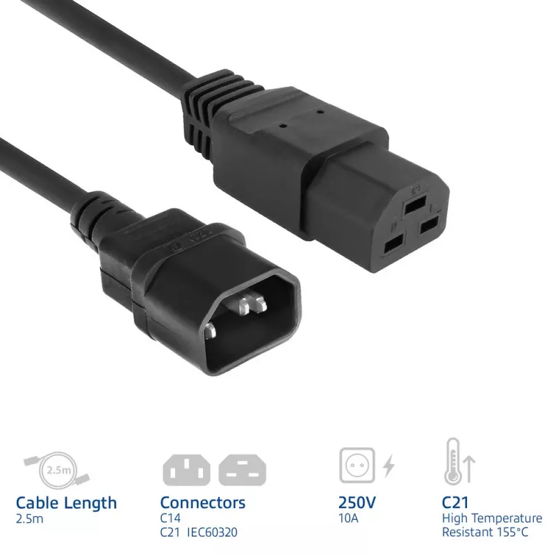 Napájací kábel ACT C14 na C21 IEC60320 čierny 2,5 m, 250 V, 10 A