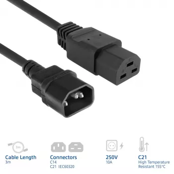 Napájací kábel ACT C14 na C21 IEC60320 čierny 3 m, 250 V 10 A