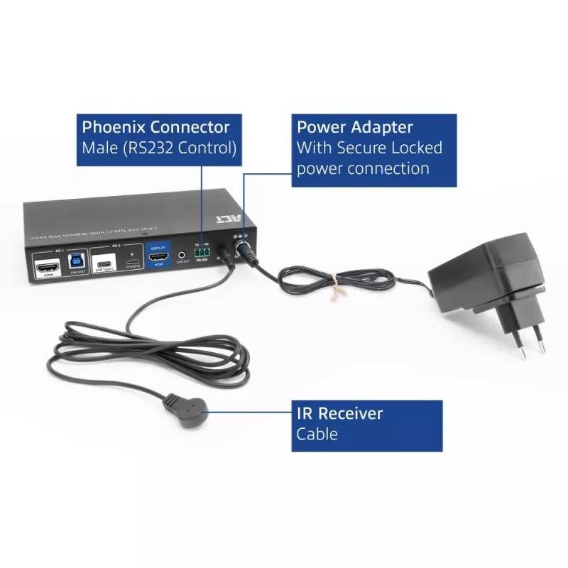 KVM prepínač ACT 2-port USB-C/HDMI 4K@60Hz AC7922 s USB klávesnicou/myšou, HDMI video, 100W PD