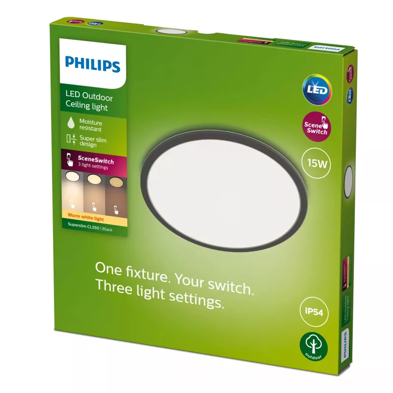 Philips Superslim stropné svietidlo 15W, čierna, kov, plast, IP54, terasa, záhrada, II, moderné