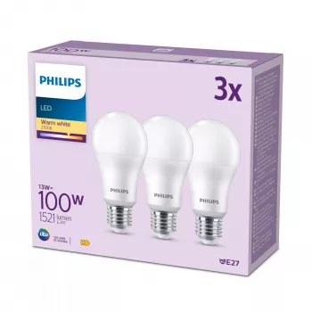 Philips žiarovka 100W A65 E27 x3, 13 W, 100 W, E27, 1521 lm, 15000 h, teplá biela