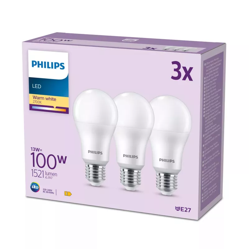 Philips žiarovka 100W A65 E27 x3, 13 W, 100 W, E27, 1521 lm, 15000 h, teplá biela