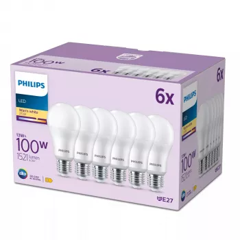 Philips žiarovka 100W A65 E27 x6, 13 W, 100 W, E27, 1521 lm, 15000 h, teplá biela