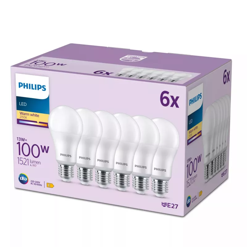 Philips žiarovka 100W A65 E27 x6, 13 W, 100 W, E27, 1521 lm, 15000 h, teplá biela