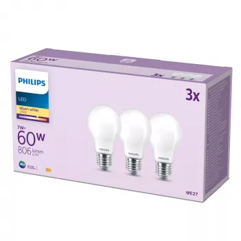 Philips filamentová žiarovka matná 60W A60 E27 balenie 3 ks, 7 W, 60 W, E27, 806 lm, 15000 h, teplá biela