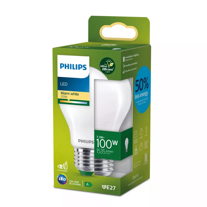 Philips filamentová žiarovka matná 100W A60 E27, 7,3 W, 100 W, E27, 1535 lm, 50000 h, teplá biela