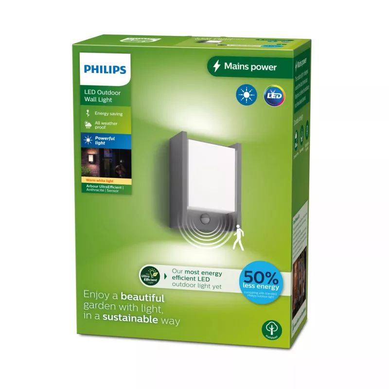Philips Arbour nástenné svietidlo 3,8W, vonkajšie nástenné svietidlo, antracit, kov, IP44, terasa, záhrada, II