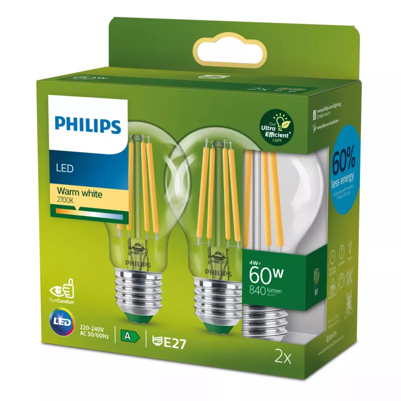 Philips filamentová žiarovka číra 60W A60 E27 x2, 4 W, 60 W, E27, 840 lm, 50000 h, teplá biela