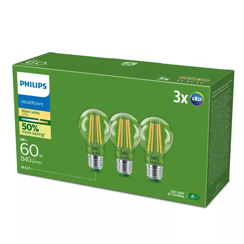 LED žiarovka Philips Classic ekvivalent 60W, E27 číra teplá biela, balenie 3 ks, energetická trieda A