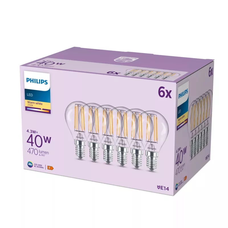 Philips filamentová sviečka číra 40W P45 E14 x6, 4,3 W, 40 W, E14, 470 lm, 15000 h
