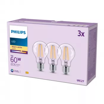 Philips filamentová žiarovka číra 60 W A60 E27 x3, 7 W, 60 W, E27, 806 lm, 15000 h, teplá biela