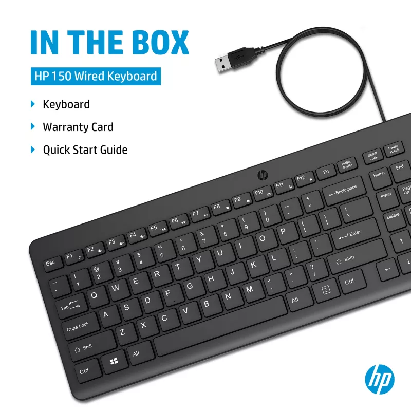 HP 150 káblová klávesnica Full-Size USB čierna 1m kábel
