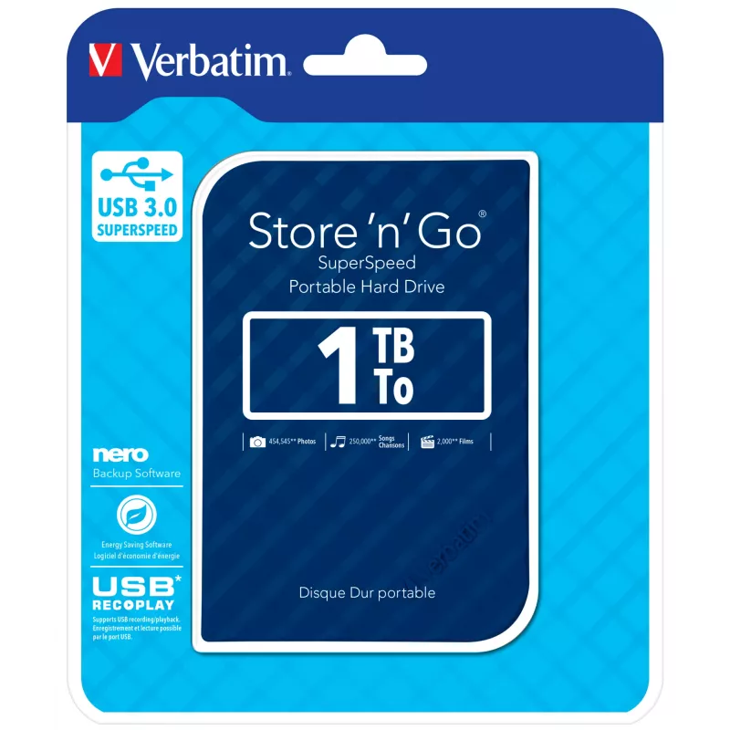 Verbatim Store 'n' Go USB 3.0 pevný disk 1TB modrý, 1 TB, 2,5 inch, 3.2 Gen 1 (3.1 Gen 1), 5400 RPM, modrý