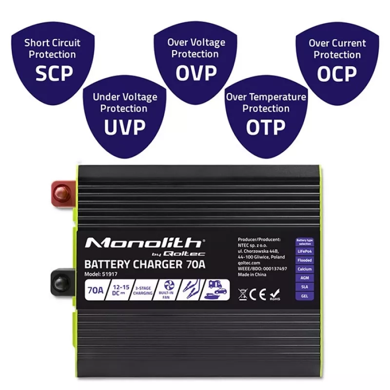 Nabíjačka batérií QOLTEC 51917 pre batérie LiFePO4/AGM/GEL/SLA, výstup 70 A
