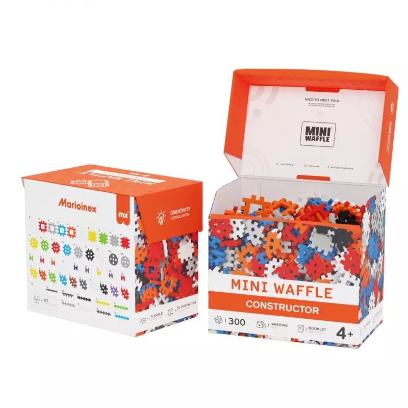 Stavebné kocky Marioinex Mini Waffle Constructor 300 — kompatibilná stavebnica, 300 dielov, viacfarebná