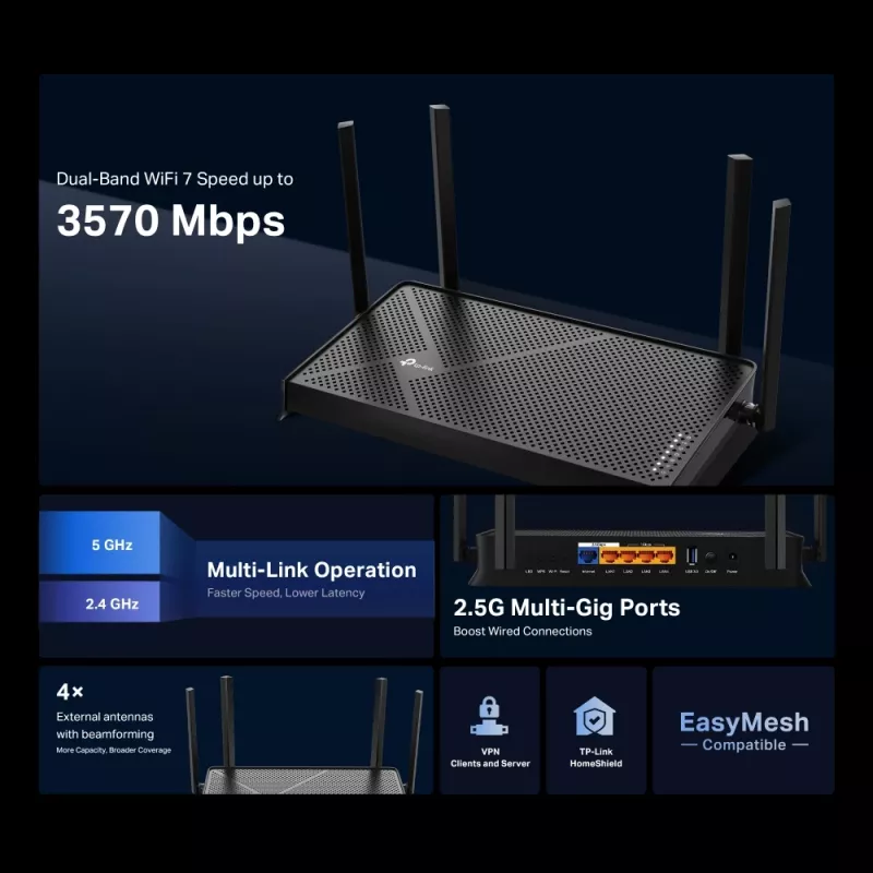 TP-Link Archer BE3600 WLAN router 2,5 Gigabit Ethernet dualband (2,4 GHz / 5 GHz) čierny
