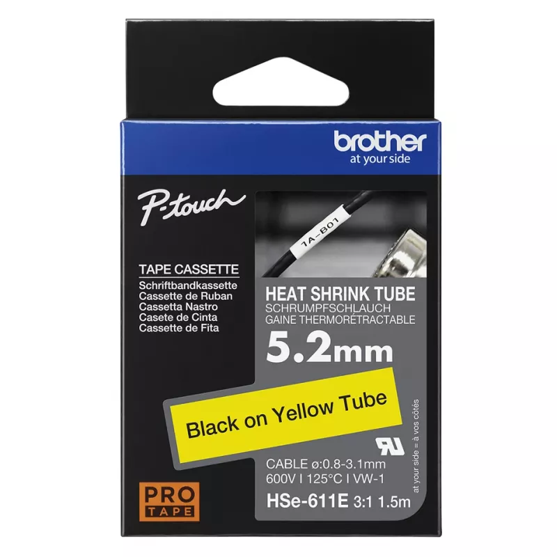 Brother HSe-611E zmršťovacia bužírka, 5,2 mm x 1,5 m, čierna na žltej