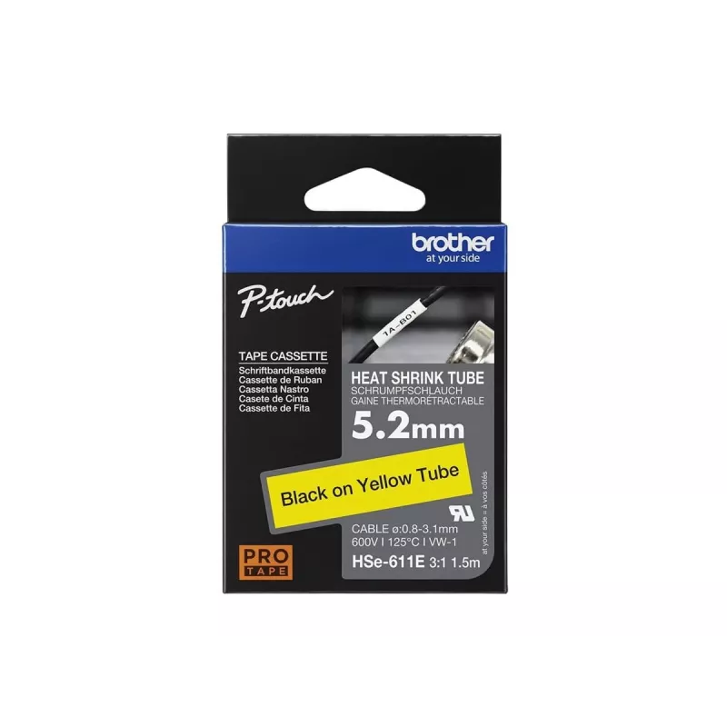 Brother HSe-611E zmršťovacia bužírka, 5,2 mm x 1,5 m, čierna na žltej