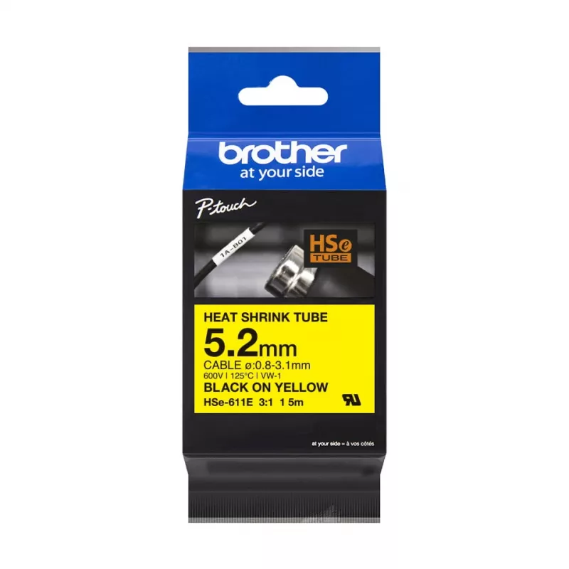 Brother HSe-611E zmršťovacia bužírka, 5,2 mm x 1,5 m, čierna na žltej