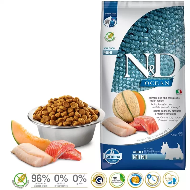 FARMINA N&D Ocean Dog Salmon, Cod, Cantaloupe, Melon Adult Mini - suché krmivo pre psov - 7 kg