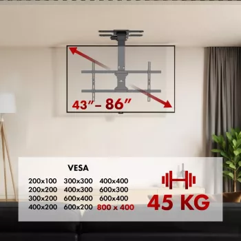 Stropný TV držiak MACLEAN MC-110 T pre 43–86 palcové televízory, VESA do 800×400, max. zaťaženie 45 kg