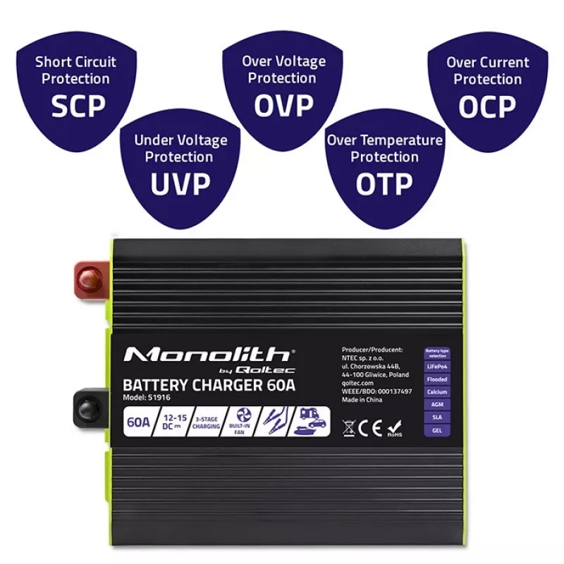 Nabíjačka batérií QOLTEC 51916 60A 12V pre LiFePO4, AGM, GEL, SLA batérie