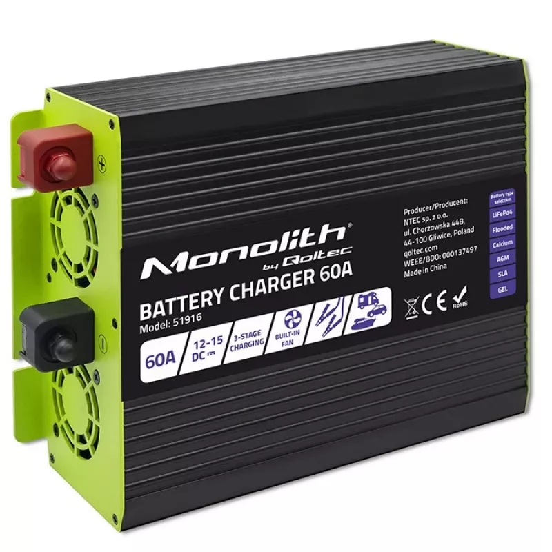 Nabíjačka batérií QOLTEC 51916 60A 12V pre LiFePO4, AGM, GEL, SLA batérie