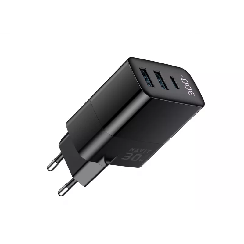 Nabíjačka HAVIT UCLE001 EU GaN trojportová 30 W čierna — kompaktná USB nabíjačka s 3 portami