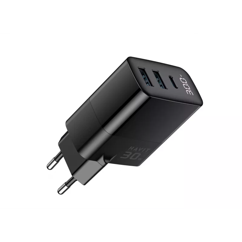 Nabíjačka HAVIT UCLE001 EU GaN trojportová 30 W čierna — kompaktná USB nabíjačka s 3 portami