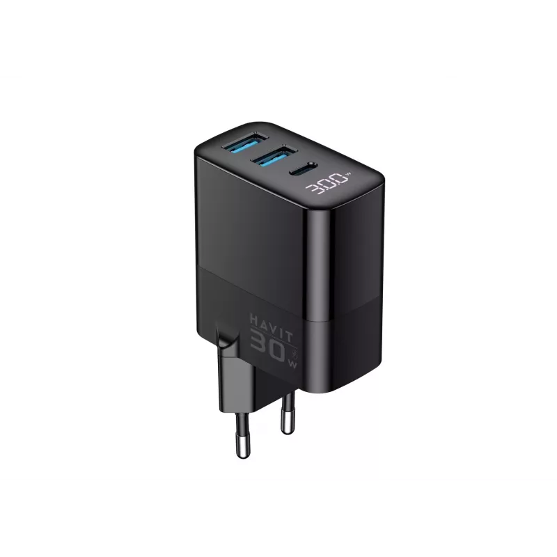 Nabíjačka HAVIT UCLE001 EU GaN trojportová 30 W čierna — kompaktná USB nabíjačka s 3 portami