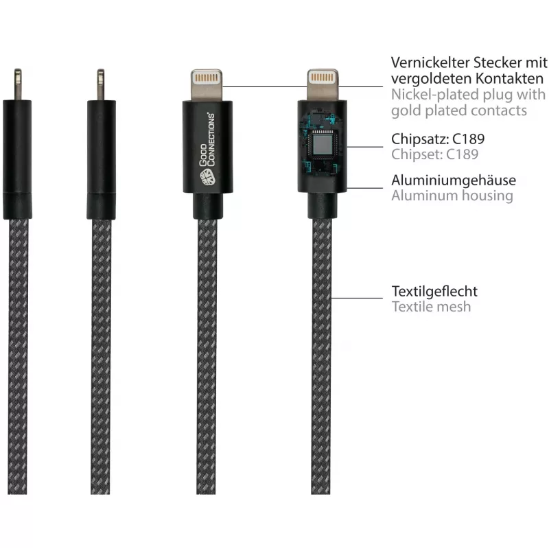 Good Connections USB 2.0 nabíjací a dátový kábel pre iPhone/iPad/iPod USB-A samec na Lightning - kvalitne spracovaný a oficiálne od Apple ze