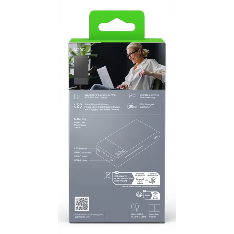 GP Battery GP PowerBank M2+ 20C 20000 mAh 2xUSB-C/1xUSB-A čierna LED indikátor (GPPBM20CGYMSR287)