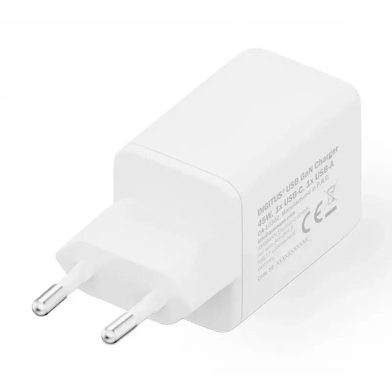 Nástenná nabíjačka DIGITUS USB GaN 45W — 1× USB-C, 1× USB-A, vstup 100–240V, biela