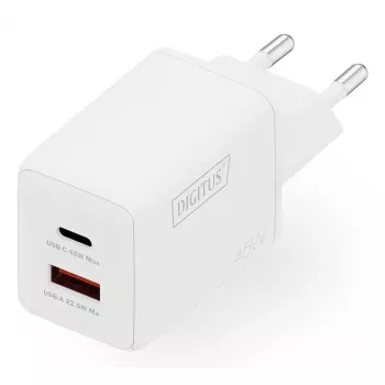 Nástenná nabíjačka DIGITUS USB GaN 45W — 1× USB-C, 1× USB-A, vstup 100–240V, biela