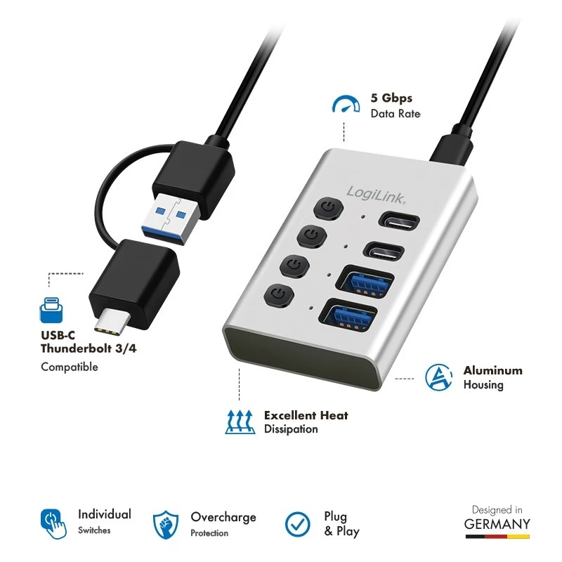 Hub USB 3.2 Gen 1, 4 porty, USB-A/C, vypínač