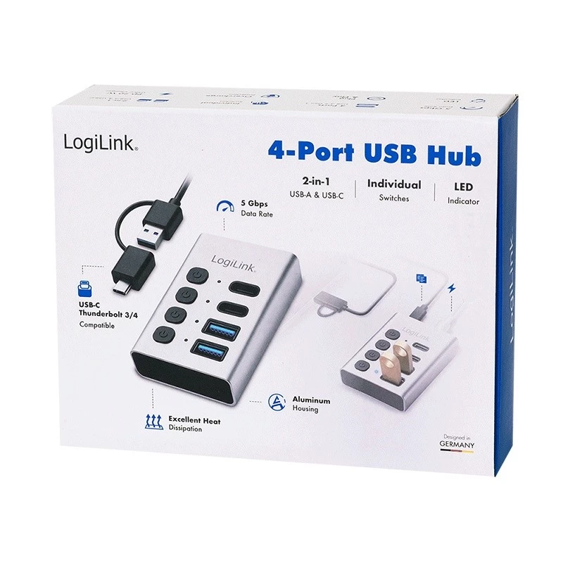 Hub USB 3.2 Gen 1, 4 porty, USB-A/C, vypínač