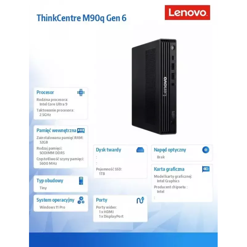 Desktop PC Lenovo ThinkCentre M90q Tiny G6 – Intel Core Ultra 9 285, 2×16GB RAM, 1TB SSD, Windows 11 Pro, čierny