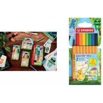 Fineliner perá Stabilo point 88 Mini Animal Vibes sada, 8 farieb, 0,4 mm kovový hrot, vetrané viečko