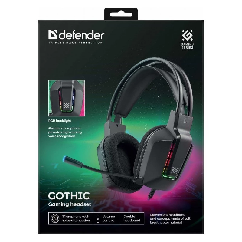 Káblový USB herný headset DEFENDER GOTHIC RGB s mikrofónom, čierny