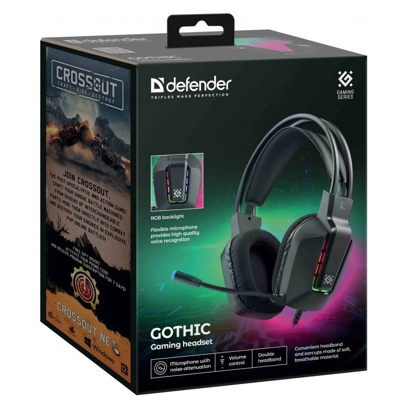 Káblový USB herný headset DEFENDER GOTHIC RGB s mikrofónom, čierny