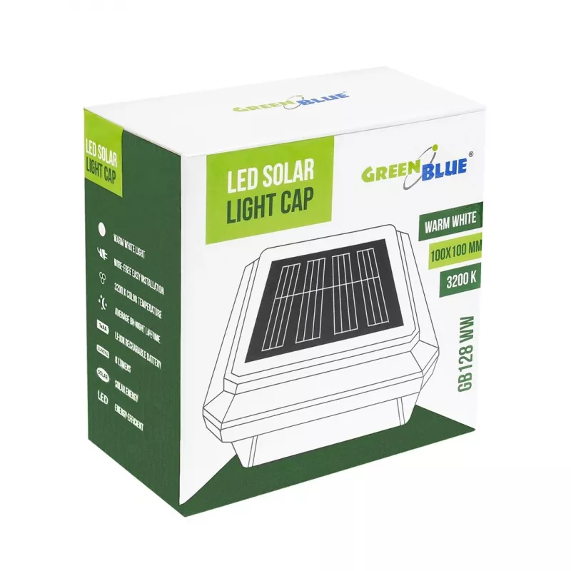 Solárne LED stĺpové svietidlo GreenBlue GB128 WW, 3200K neutrálna biela, kryt, 100x100mm, čierna