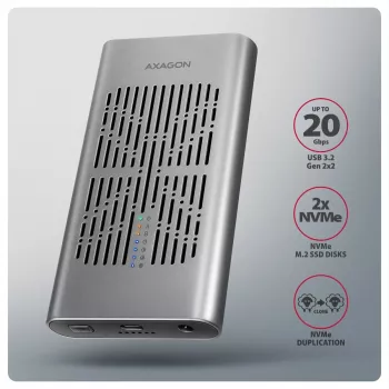Externé puzdro AXAGON EEM2-20GD USB-C 20 Gbps pre dve M.2 NVMe SSD s hardvérovým klonovaním