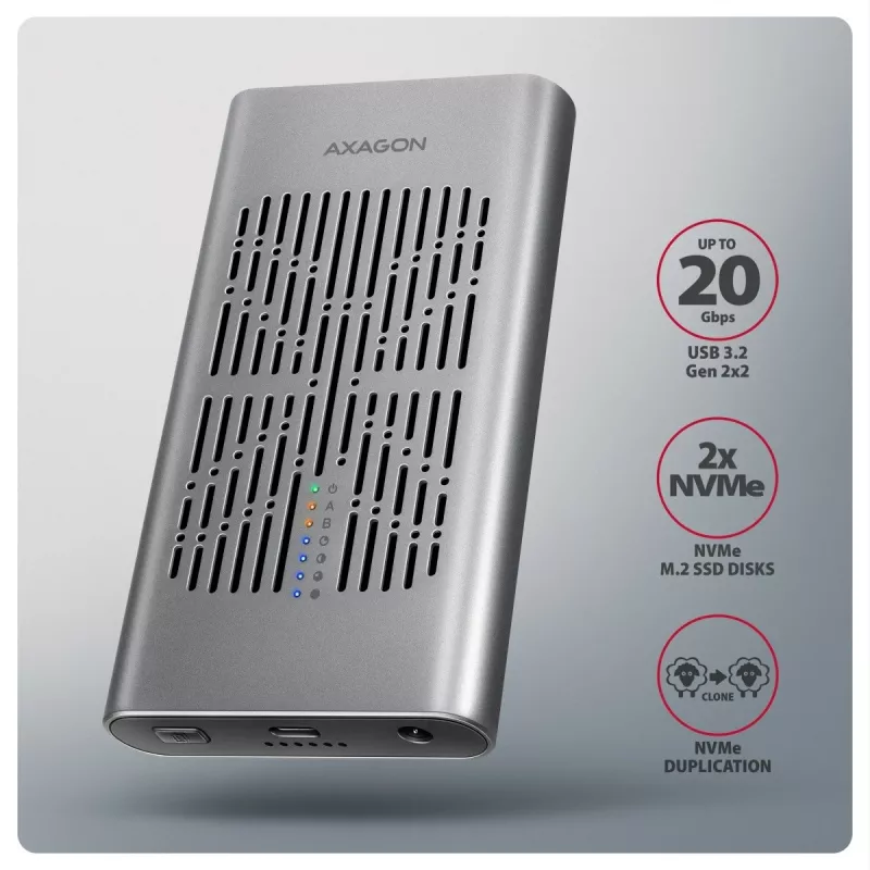 Externé puzdro AXAGON EEM2-20GD USB-C 20 Gbps pre dve M.2 NVMe SSD s hardvérovým klonovaním