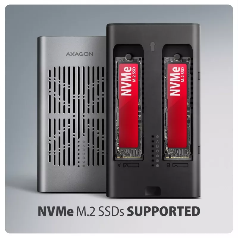 Externé puzdro AXAGON EEM2-20GD USB-C 20 Gbps pre dve M.2 NVMe SSD s hardvérovým klonovaním