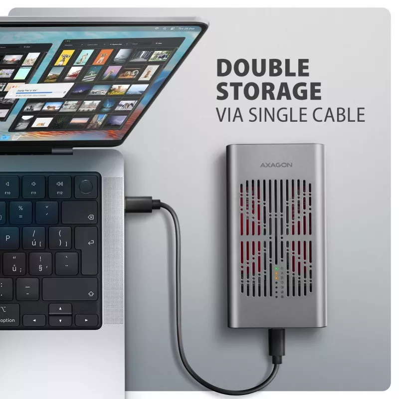 Externé puzdro AXAGON EEM2-20GD USB-C 20 Gbps pre dve M.2 NVMe SSD s hardvérovým klonovaním